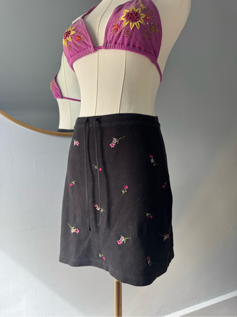 Express Black Mini Skirt with Pink Floral Embroidery